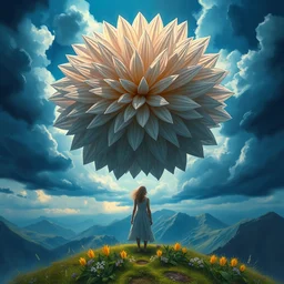 closeup giant dahlia flower over the head, girl standing on mountain, surreal photography, blue storm clouds, dramatic light, impressionist painting, digital painting, artstation, simon stalenhag