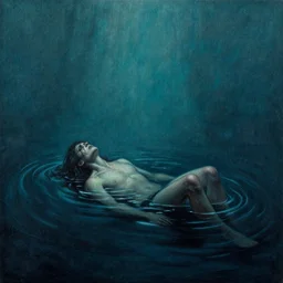 alone, drowning, sorrow, despair. the last hope dimming in the inky depths. by peter mohrbacker. by greg rutkowski. grimdark fantasy, vividly detailed pastel ink painting on oiled canvas