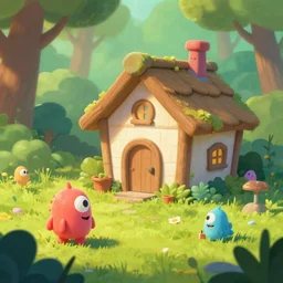 tiny toy monster, mark ryden, lostfish, max fleischer, hyper realistic, artstation, illustration, digital paint, matte paint, vivid colors, bright, cheerful, forest, cabin, unreal engine, light effect, detailed and intricate fairytale environment