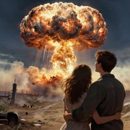 a young couple watching a nuclear explosion, romantic, mushroom cloud, uplifting, happy, apocalytic detailed digital matte painting by artgerm, greg rutkowski and alphonse mucha