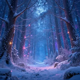 beautiful picture of a magical lights glowing different colours everywhere in the centre of blizzard in an enchanted beautiful forest, fantasy art, trending on artstation, cgsociety, nice composition, great fantasy mood