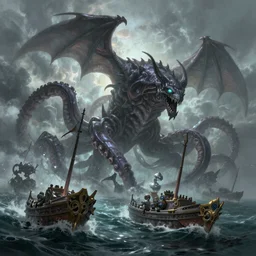 kraken destroying ships, tentacles rising from the sea, magic the gathering art, art by greg rutkowski, fantasy rpg, league of legends
