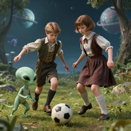 detailed, sharp, a boy and a girl with short hair, playing soccer with their pet humanoid alien, wearing 1860s era clothes, in a park on an alien planet, extremely highly detailed, hyperrealistic, highly detailed faces, 70 mm still from a period sci fi movie, 4k