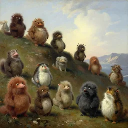 many funny looking fuzzy creatures on a hill side, Ivan Aivazovsky, Christopher Balaskas, Noah Bradley, Albert Bierstadt, Jim Burns, Edwin Church, Frederic Thomas Cole, Brown Durand, Asher David Friedrich, Caspar James Gurney, Johnson Heade, Martin Raphael Lacoste, Ted Nasmith, Andreas Rocha, Christophe Vacher