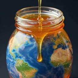 jar of honey, nectar from the gods, dripping down onto the planet earth, coating it in honey, highly detailed, dynamic shadows, 4 k, wallpaper, professional photo, caustics