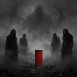 fantasy depiction of the realm of shadows shrouded by mist trails leading to a red door, low saturation, high contrast, mostly greyscale, eerie disturbing lighting, in the style of marcin rubinkowski, greg rutkowski, lorenzo lanfranconi, oleg zherebin, trending on artstation