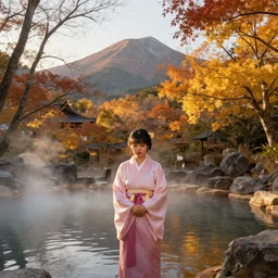 environmental portrait of princess at a japanese mountain onsen at golden hour, autumn colour oak trees, Concept art by Jorge jacinto, masterpiece, highly detailed and ultra realistic, trending on artstation
