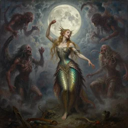 concept art of faerie, lovecraftian, renaissance, roaring, melting horror, round moon, rich clouds, fighting the horrors of the unknown, very detailed, volumetric light, mist, fine art, decaying, textured oil over canvas, epic fantasy art, very colorful, ornate scales