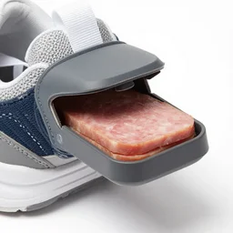 sports shoe, small compartment slides out extending from shoe side, compartment contains serving of lunch meat, product photo