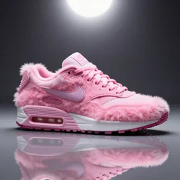 nike air max shoe made of very fluffy pink faux fur placed on reflective surface, professional advertising, overhead lighting, heavy detail, realistic by nate vanhook, mark miner