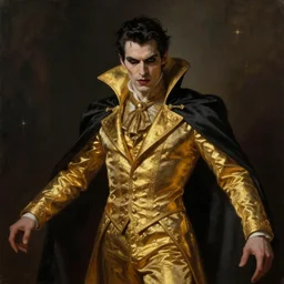 male vampire in dark golden noble clothes in a menacing pose, realistic painting, artstation, cinematic, dramatic lighting