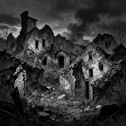A ruined village. Dark Fantasy, Film Noir, Black and White. High Contrast, Mike Mignola