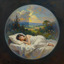 A sleeper awakens in their dream to see that they are in a dream bubble over impressionistic painting