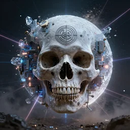 skull moon, technology and magick, circuitry and sigils combined, photorealistic, royo, frazetta, leds, dust, laser light, crystalline shimmers, chaos, complexity, emergence,
