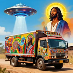 UFO and an African Jesus in the sky , colourful, in the style of Nigerian truck art,