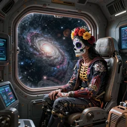 human, sitting sad in spaceship, gazing at view of galaxy in space through a window, intricate detailed environment, photorealistic!, octane render, mechanical, concept art, cinematic lighting, digital art, interstellar, hyper realism, sharp, cyberpunk, 8 k, de dia los muertos. by angus mckie, moebius, maciej kuciara
