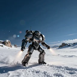 a mechwarrior as armored core v running across the open snow field, booster flares, dark blue sky, empty snow field, snow, karst landscape, wide shot ; dynamic contrast, bokeh, motion blur, photoreal, cinematic, digital art by liam wong