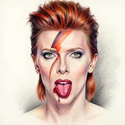 symmetrical, scarlett johansson, as david bowie, eyes drawn by jose vergara, wide angle lens, full body profile, splash of colour, ultimate portrait painting, pencil and ink, charcoal, ultrafine design, ultimate perfect, greg rutkowski, wide angle lens, hyperrealism, realistic lighting