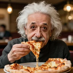 A photo of Albert Einstein eating pizza , highly detailed, trending on artstation, bokeh, 90mm, f/1.4