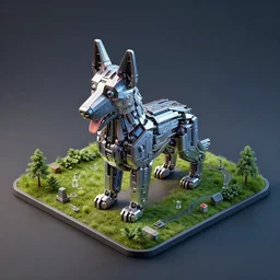 Isometric render of a cyberpunk german Shepard made of robot parks, sleek design