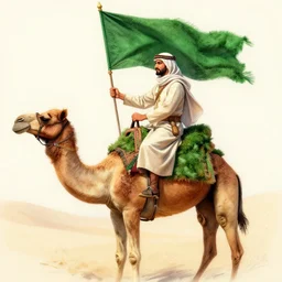 arabian warrior, ride camel he use green turf and flag, realistic, sketch and art by jacqueline e, color by bo feng lin