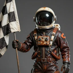 [Leather and rust cosmonaut holding a checkered flag, GTA character, very detailed, cinematic lighting, matte, sharp, photography, art by enki bilal]
