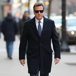 1 9 9 8 andy richter wearing a black wool coat and necktie walking the streets of chicago on a november afternoon, wearing a pair of black sunglasses