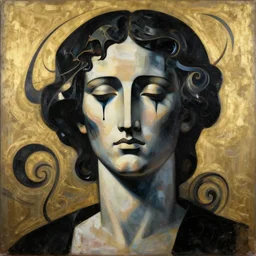 epic concept art. abstract female face silhouette mixing with black and color liquid fluid. abstract sculpture. art deco swirls. masterpiece, michelangelo. concept art, matte painting. symbolism. section d'or. greg rutkowski, wlop, victo ngai, kandinski