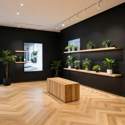 a minimalist store, oak parquet, black walls, digital walls, plants