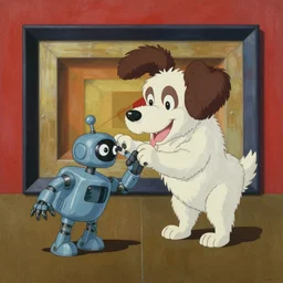 beautiful painting from the anime film by studio ghibli, floppy eared dog devouring a robot, happy, MC Escher inspired by Salvador Dali-H 1024