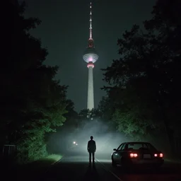 television tower behind the trees at night with a man and car on the road in front with the fog, in the style of david lynch, movie camera low aperture