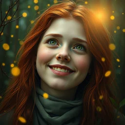 infp young woman, smiling amazed, golden fireflies lights, amidst of nature fully covered, long red hair, intricate linework, bright accurate green eyes, small nose with freckles, oval shape face, realistic, expressive emotions, dramatic lights enlightenment scene, hyper realistic ultrafine art by artemisia gentileschi, caravaggio, jessica rossier, boris vallejo