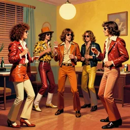 philosophers partying in the 70s, digital art in the style of Mad Dog Jones