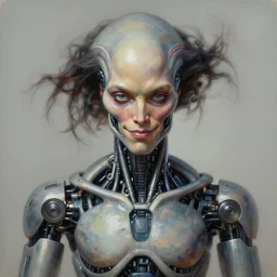 perfectly centered portrait, front view of a beautiful biomechanical android alien robot kanye west, male, flowing hair, intense stare, sarcastic smile, symmetrical, concept art, intricate detail, volumetric shadows and lighting, realistic oil painting by tim hildebrandt,