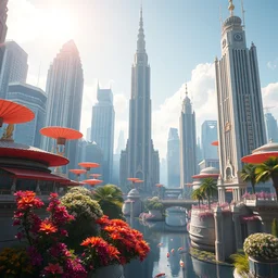 photorealistic render of joyful opulent futuristic art deco city sunny day floating skyscrapers colorful parasols koi trees flowers park clear focus clean lines art deco architecture fantasy by ross tran greg rutkowski beautiful intricate elegant highly detailed artstation octane render concept art