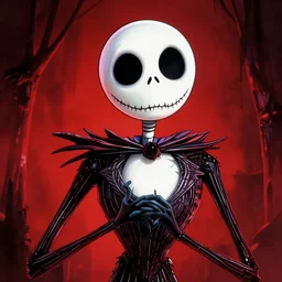 jack skellington, in the style of beksinski, red, black, glowing, vibrant, chiaroscuro, high detail, perfect artwork, clean lines