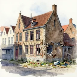 watercolor painting of brugge, dilapidated, run down, trashy ambient lighting and shadows