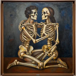 skeleton and man share an embrace by diego rivera
