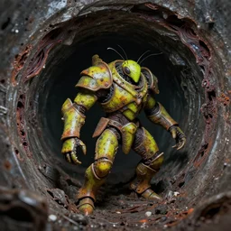 airbrush macro insect viscera | as god |, curved rust chaos dystopic lime plague armor, wedged in necrotic metal sewer tunnel, ruined metal slag melted yaw tunnel openings, chris foss, wayne d barlowe, enric torres, alberto bontempi, feng zu hyper realism, narrative light, muted colors, epic, hyper detailed, awe inspiring, award winning horror