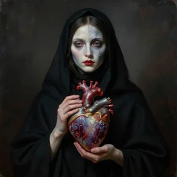Mysterious woman with segmented pale face in black cloth holds surreal ornate heart in her hands, the long shot, dramatic lighting, high-detailed oil painting by James Christensen, William Blake and Repin, masterpiece, 4k