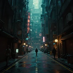 back alley road in a cyberpunk metropolis, cinematic, highly detailed, octane render, rich cinematic atmosphere, perfect digital art, mystical journey in strange world, cyberpunk, sci - fi, surreal, glowing lights, sharp focus, high detailed, by akihiko yoshida, michael whelan and karol bak