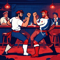 passionate barroom brawl. drunken sailors duking it out. tough guy big fist. blood and americana, strong red white blue colors ; darkness and depth. strong linework vectorized and flattened ; cartoon lineart illustrated by quiggle and goya goya,,,,,,, by artemisia gentileschi, by theodore gericault,