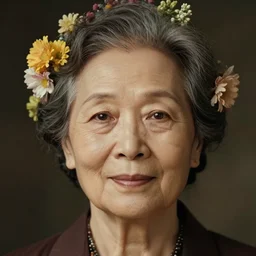 portrait of a 4 0 0 year old woman, symmetrical face, flowers in her hair, she has the beautiful calm face of her mother, slightly smiling, ambient light