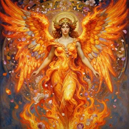 an intricate painting of a beautifull angel with fire wings surrounded by flowing flower petals, ornamental gold headpiece, octane render, vivid colors, artstation, by jeremy mann, by alphonse mucha, by boris vallejo