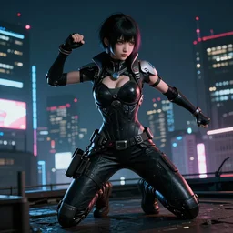 A post apocalyptic comic book style of a warrior girl wearing black & cyber suit, fighting on rooftop Tokyo cyberpunk feel night, dramatic light, rim light, unreal engine render, octane render, hyperrealism