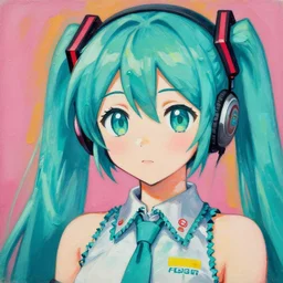 a portrait of a serious Hatsune miku with Operator Headphones by Wayne Thiebaud, painting by Wayne Thiebaud, heavy pigment, colourful, heavy impasto technique, anime style, big eyes, space age pop
