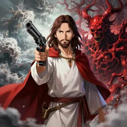 jesus in an anime style between heaven and hell holding a gun , highly detailed