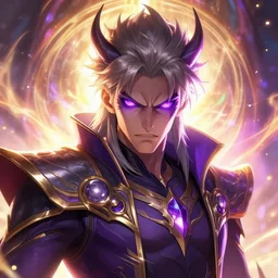 detailed portrait of an angry, evil thirty year old handsome supervillian with light ashen hair, vivid glowing violet eyes wearing god armor, colorful, aura, sacred, divine, trending on artstation