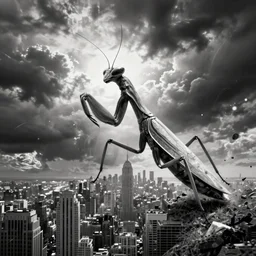 a giant praying mantis destroys new york, horror sci - fi black and white poster
