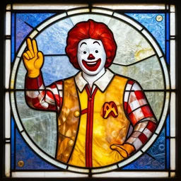 stained glass portrait of Ronald McDonald